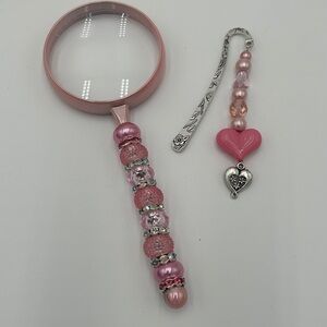 Elegant Beaded Pink and Silver Bookmark & Magnifying Glass Set
